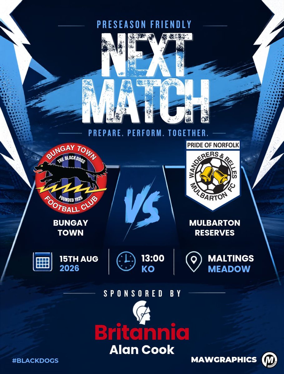 BungayTownFC's tweet photo. Tomorrow the first team are at home as they welcome @MulbartonResFC to Maltings Meadow

The bar will be open all afternoon 

Come grab a drink and get your football fix. 

Support throughout pre season has been fantastic 

#UpTheBlackDogs 🔵⚫️ https://t.co/4djFjPMgDc