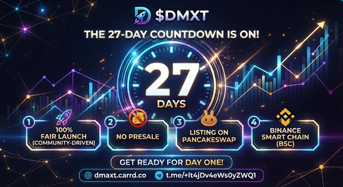 DmaxtOfficial's tweet photo. ⏳ THE 27-DAY COUNTDOWN IS ON! 🚀
​We are exactly 27 days away from the 100% Fair Launch of $DMXT! 💎
​No Presale | 100% Community-Driven | Listing on PancakeSwap (BSC).
​Get ready! 🔥
🌐 Website: https://t.co/rDS7dyggXx
💬 Telegram: https://t.co/tEGk0HEzf6 https://t.co/zuSDGzvNLR