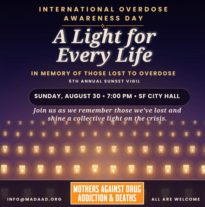 Gina_McDee's tweet photo. PLEASE JOIN US:
MADAAD 5th ANNUAL OVERDOSE AWARENESS DAY SUNSET VIGIL
🗓️SUNDAY ~ AUGUST 30th ~ 7pm
SAN FRANCISCO CITY HALL STEPS
#EndOverdose #IOAD2026 #Lights4Lives
Donate here:
https://t.co/FXK4Q7IU0b