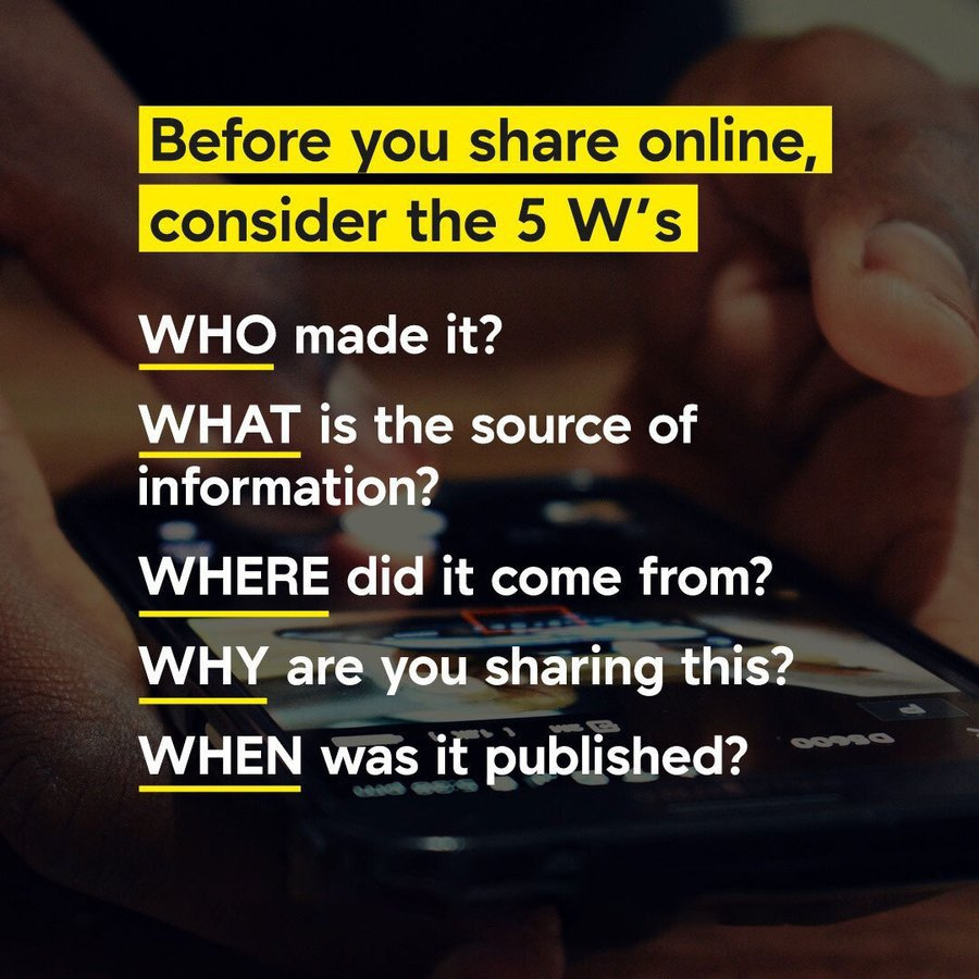 UN's tweet photo. We all know that not everything we see online is true – and what we share can have consequences in the real world.

Before sharing content, pause to verify facts by asking basic questions and doing additional research. https://t.co/B0chxG3JcP