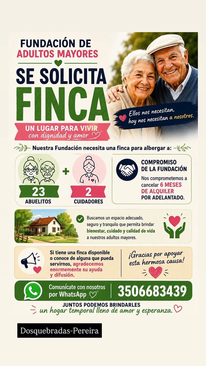 JuanjoseMant's tweet photo. 🚨‼️

23 abuelitos y sus 2 cuidadores buscan donde vivir, se necesita una FINCA urgente. La fundación paga 6 meses por adelantado 

Por favor compartir!!! https://t.co/TNOXXv9FM4
