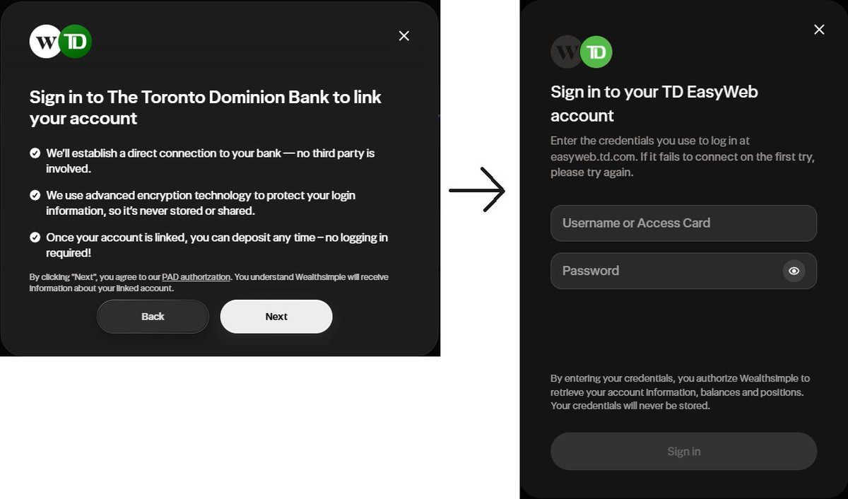 Douc3's tweet photo. Hey @Wealthsimple how is this bullshit legal? You tell me to "Sign in to" my bank, but ACTUALLY you mean "Give us your credentials" which obviously violates my (every) banks ToS???? @CompBureau dark pattern UI involving banking/money?? @FCACan @PrivacyPrivee @TD_Canada https://t.co/FVsdRaM7Lz