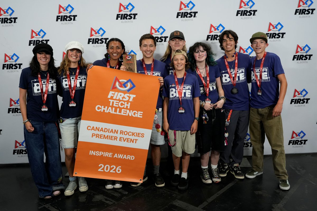 FIRSTRoboticsAB's tweet photo. Congratulations to the 2026 Canadian Rockies Premier Event Inspire Award winner, team 20681, Giga Bite! Awesome work! 👏👏

#firstalberta #canadianrockiespremierevent #firstinspires #firsttechchallenge https://t.co/a66AUg4mZa