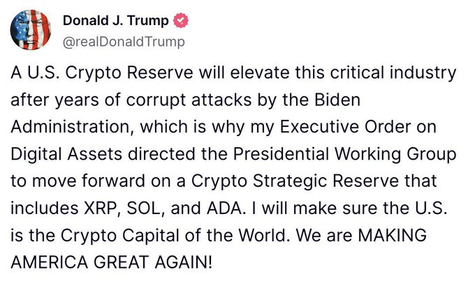 Juliah48s's tweet photo. BOOOOOOOOOOOOOOOOOM!!!!

President Trump announces a "Crypto Strategic Reserve” that includes #XRP, SOL and ADA!🔥  

Congratulations XRP Holders! https://t.co/U9hgR2XEq4