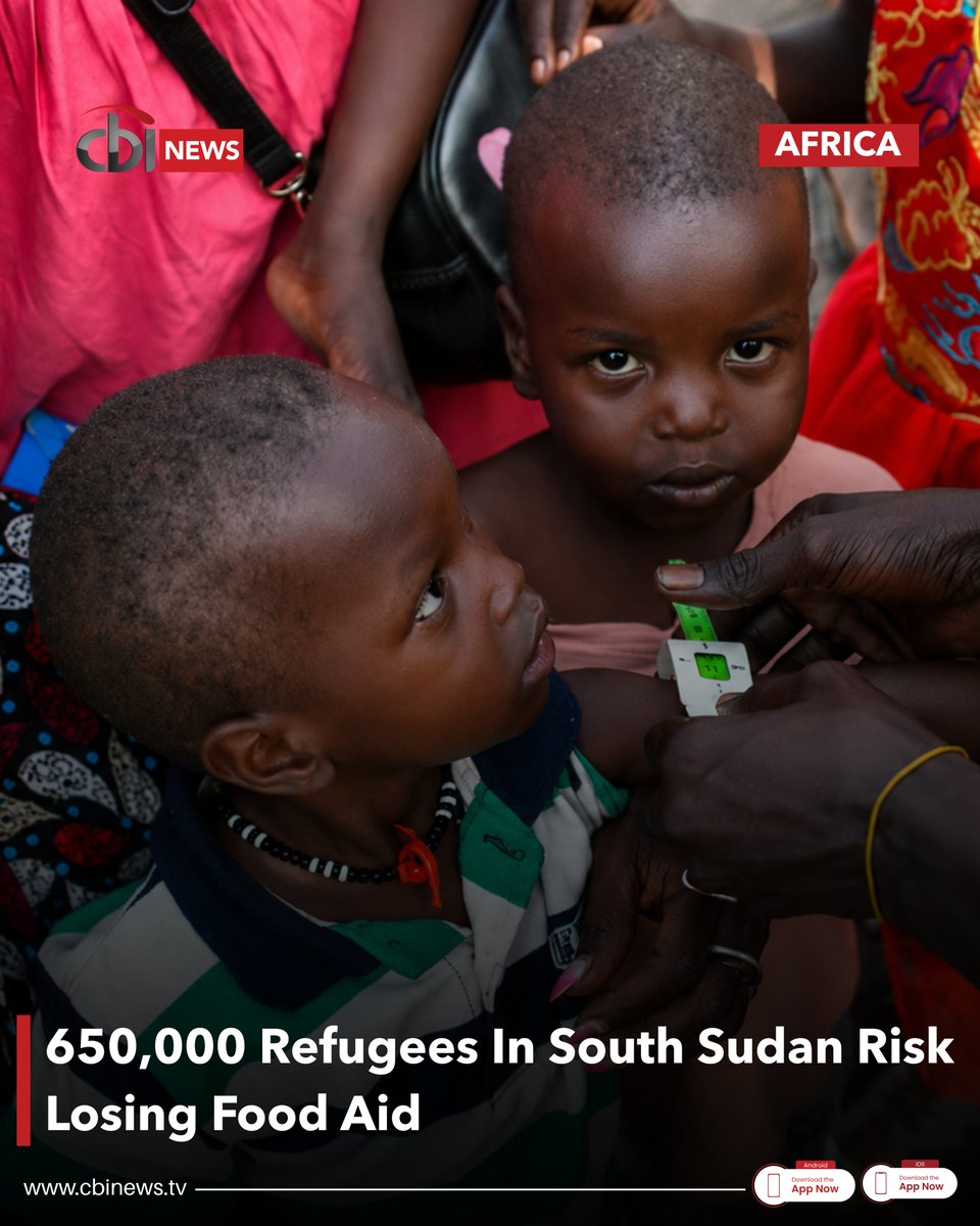 cbinewstv's tweet photo. More than 650,000 refugees and asylum seekers in South Sudan could lose access to food assistance within weeks due to a severe funding shortfall, according to UN agencies.

The World Food Programme and UN refugee agency warned that the crisis could push vulnerable refugees back into war-torn Sudan. South Sudan is already facing severe hunger, with more than 7.8 million people experiencing acute food insecurity and 2.2 million children suffering from acute malnutrition.

#CBINewsTV #SouthSudan #HumanitarianCrisis #AfricaNews #News