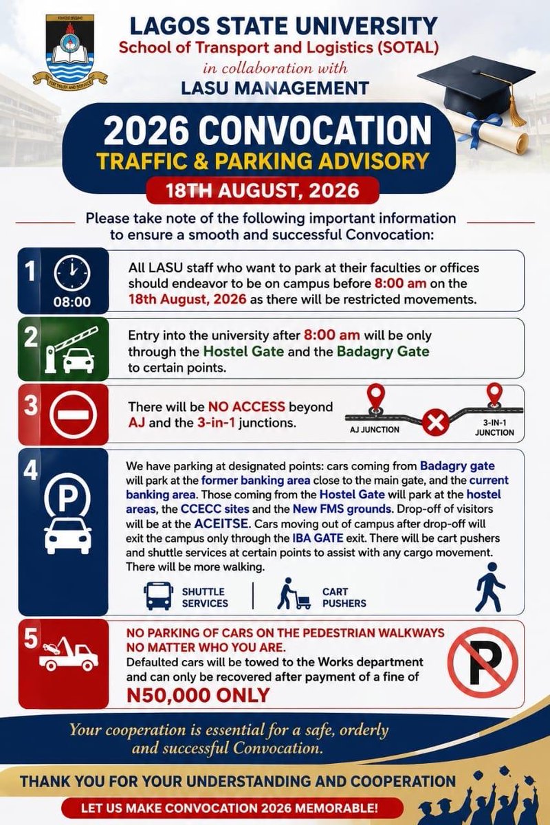 LASUOfficial's tweet photo. 29TH & 30TH CONVOCATION CEREMONIES: TRAFFIC CONTROL AND PARKING ARRANGEMENTS

To ensure smooth and safe movement of persons and vehicles during the 29th and 30th Convocation Ceremonies of Lagos State University, the School of Transport and Logistics hereby informs the University community and the general public of the traffic control and parking arrangements for Tuesday, 18th August 2026.

The arrangements for vehicular movement during the Convocation Ceremonies are as follows:

i. Staff Arrival and Parking: All LASU staff who wish to park at their faculties or offices are advised to be on campus before 8:00 a.m., as there will be restricted vehicular movement thereafter.

ii. Designated Entrance Gates: From 8:00 a.m., entry into the University will be through the Hostel Gate and Badagry Gate to designated points only.

iii. Restricted Access: There will be NO ACCESS beyond AJ and the 3-in-1 Junctions.

iv. Designated Parking Areas: Vehicles entering through the Badagry Gate should park at the former banking area close to the Main Gate and the current banking area. Vehicles entering through the Hostel Gate should park at the Hostel areas, CCECC sites and the New FMS grounds.

v. Visitor Drop-off Point: The designated drop-off point for visitors will be the ACEITSE. Vehicles leaving the campus after dropping off visitors will exit only through the IBA Gate.

vi. Movement of Luggage and Cargo: Cart pushers and shuttle services will be available at designated points to assist with the movement of luggage and other cargo. Members of the University community and visitors are advised to expect more walking and plan accordingly.

vii. No Parking on Pedestrian Walkways: Parking on pedestrian walkways is strictly prohibited, irrespective of status or position. Any vehicle found parked on a pedestrian walkway will be towed to the Works and Physical Planning Department and will only be released upon payment of a ₦50,000 fine.

The University community and general public are enjoined to adhere strictly to these arrangements and cooperate with security and traffic personnel to ensure the free flow of traffic and the smooth conduct of the Convocation Ceremonies.

We are LASU, we are Great!
#LASUConvocation