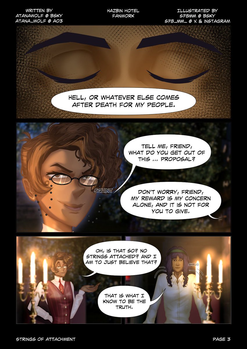 S78_mm_'s tweet photo. Strings of Attachment,
Fan comic adaptation, pages 3-4
Original story by @atanawolf.bsky.social (link in comments)

#radioapple
#HazbinHotelAlastor
#HazbinHotelLucifer
#StringsofAttachment https://t.co/OIcp1o8qKL