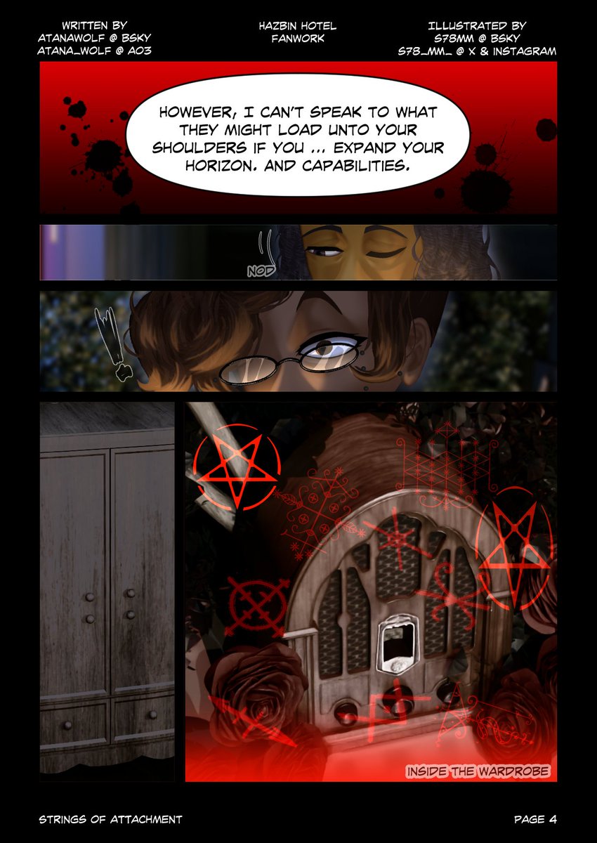 S78_mm_'s tweet photo. Strings of Attachment,
Fan comic adaptation, pages 3-4
Original story by @atanawolf.bsky.social (link in comments)

#radioapple
#HazbinHotelAlastor
#HazbinHotelLucifer
#StringsofAttachment https://t.co/OIcp1o8qKL