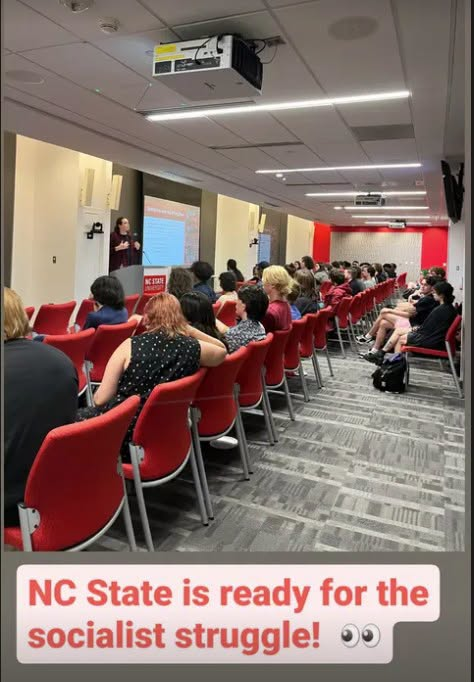 wakegop's tweet photo. DSA of the Triangle at NC State pushing its agenda.

They want to abolish jails.
They want to abolish police.
They want to force landlords to give free rent.
The want to make your private property a "public good."
They are making headway. Vote Republican. https://t.co/3vsgOOsxV6