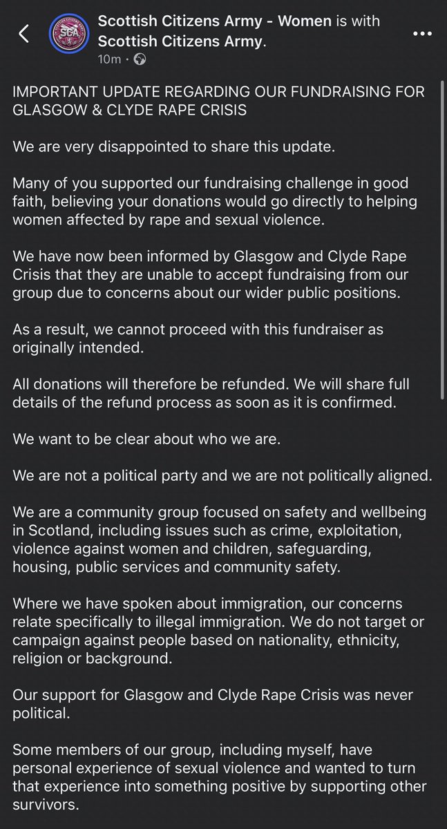 ScottishCAWomen's tweet photo. Important update regarding our intended fundraiser for Glasgow &amp; Clyde rape crisis centre. @ScottishCA https://t.co/BLCcfbvXpt