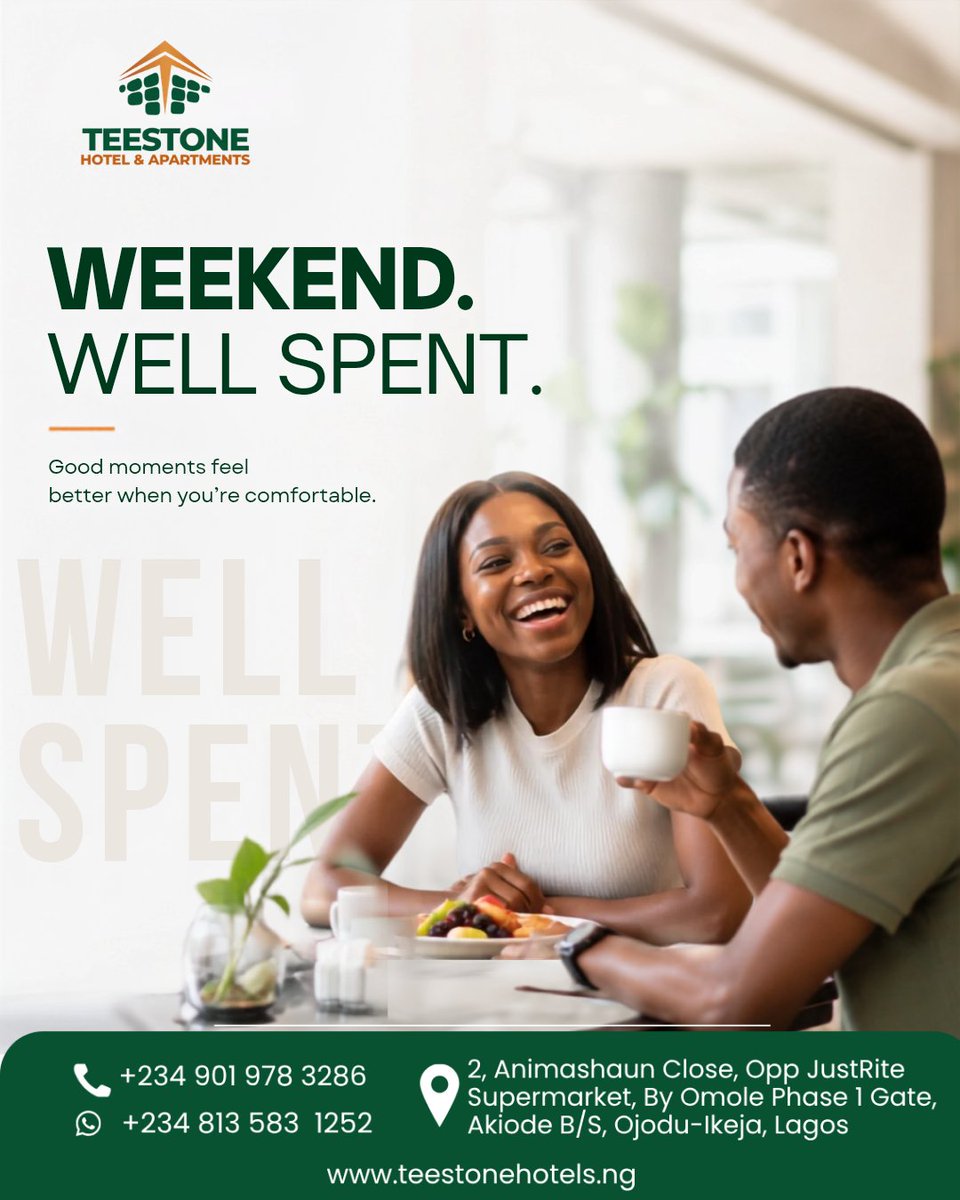 Teestonehotel's tweet photo. This weekend, make room for comfort, good energy, and unforgettable moments. ✨

Experience stylish spaces and warm hospitality designed to make every stay worth remembering.

FOR RESERVATIONS
Call: +234 901 978 3286
WhatsApp: +234 813 583 1252

#TeestoneHotels #WeekendStay https://t.co/zuWtg8ecYm