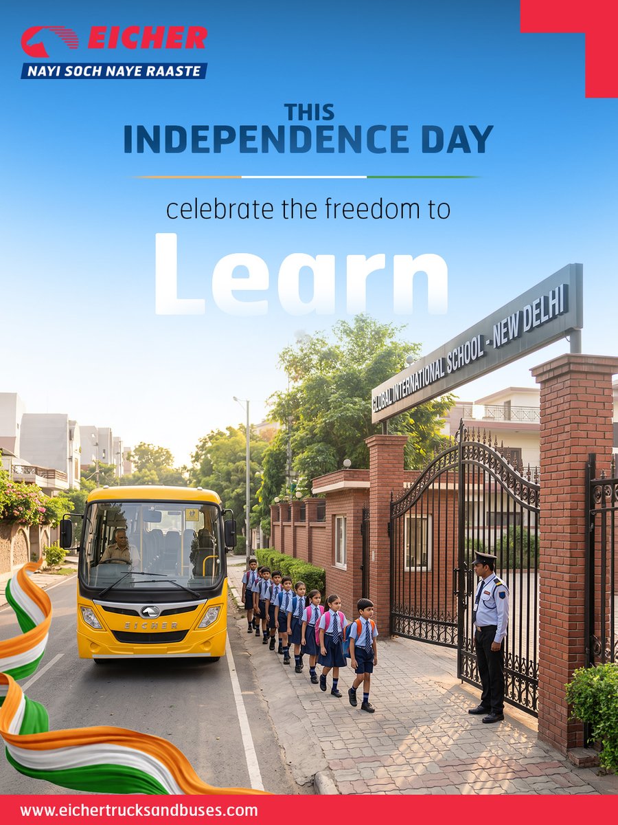 ETBIndia's tweet photo. Every lesson begins with a safe journey.
This Independence Day, we celebrate the freedom to learn.
#IndependenceDay #EicherTrucksAndBuses #SchoolBus #DrivingProgress #NayiSochNayeRaaste https://t.co/4Wr924VK5u