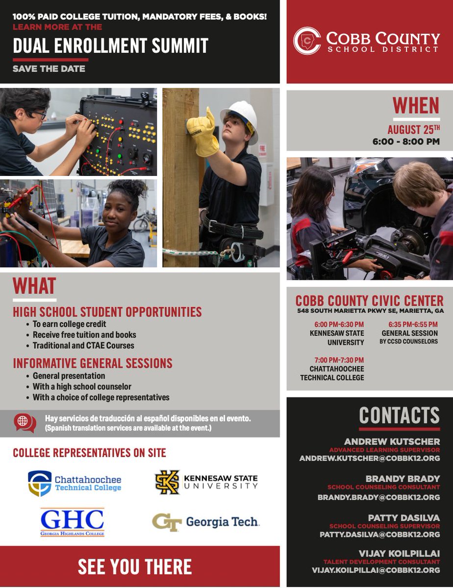 CCSDCounseling's tweet photo. Save the Date for the  @CobbSchools Dual Enrollment Summit! Open to all CCSD students and families. https://t.co/fkgMmCl9Sa