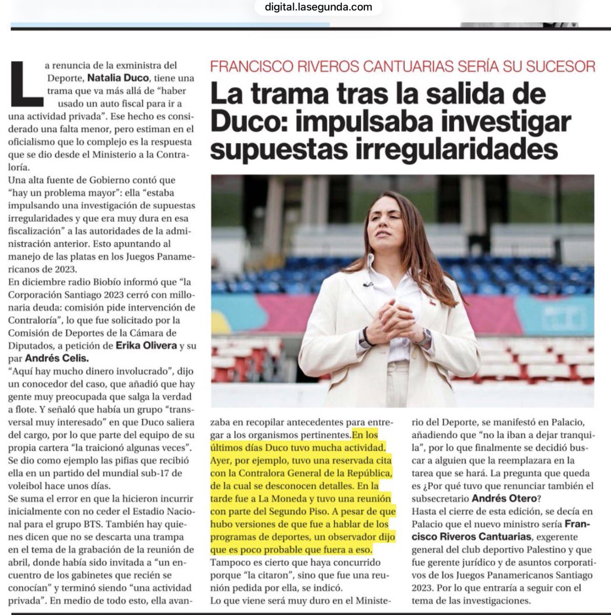 cleporati's tweet photo. La nota olvidó precisar el potencial conflicto de interés de Francisco Riveros, nuevo ministro, por haber sido gerente jurídico y de asuntos corporativos de los juegos panamericanos 2023, el mismo evento q el gobierno está investigando por posibles irregularidades. Tb la nota hipotetiza acerca de q a Duco la “bajaron” del cargo por estar investigando duramente los panamericanos; poco o nada agrega el artículo por la deficiente gestión de la ex ministra y su falta de tino y criterio.