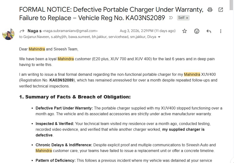 naga_rocks's tweet photo. @anandmahindra @vijaynakra @Mahindra_Auto We have been a loyal Mahindra customer (E20 plus, XUV 700 and XUV 400) for the last 6 years and in deep pain having to write this. non-functional portable charger for my Mahindra XUV400 (Registration No. KA03NS2089).none responded. https://t.co/CswX43AwA5