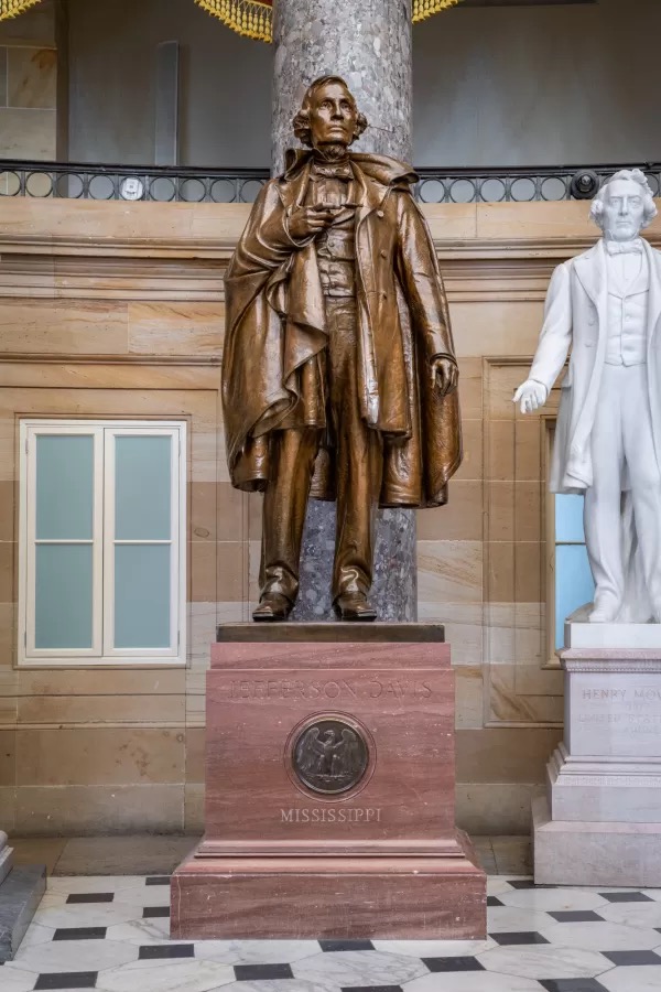 BarnabyHistory's tweet photo. 🇺🇸 Do you know your state’s U.S. Capitol statues? #20 Mississippi

Jefferson Davis and James Zachariah George

Jefferson Davis (Bronze, National Statuary Hall, 1931) served as a U.S. Representative and Senator from Mississippi, U.S. Secretary of War, and was the only President of the Confederate States of America. He died in New Orleans on December 6, 1889.

James Zachariah George (Bronze, Capitol Visitor Center, 1931), known as Mississippi’s “Great Commoner,” served as a Confederate colonel, Chief Justice of the Mississippi Supreme Court, and U.S. Senator (1881–1897). He helped shape the Sherman Antitrust Act and supported the creation of the Department of Agriculture. He died in Mississippi City on August 14, 1897.

Both statues were sculpted by Augustus Lukeman.