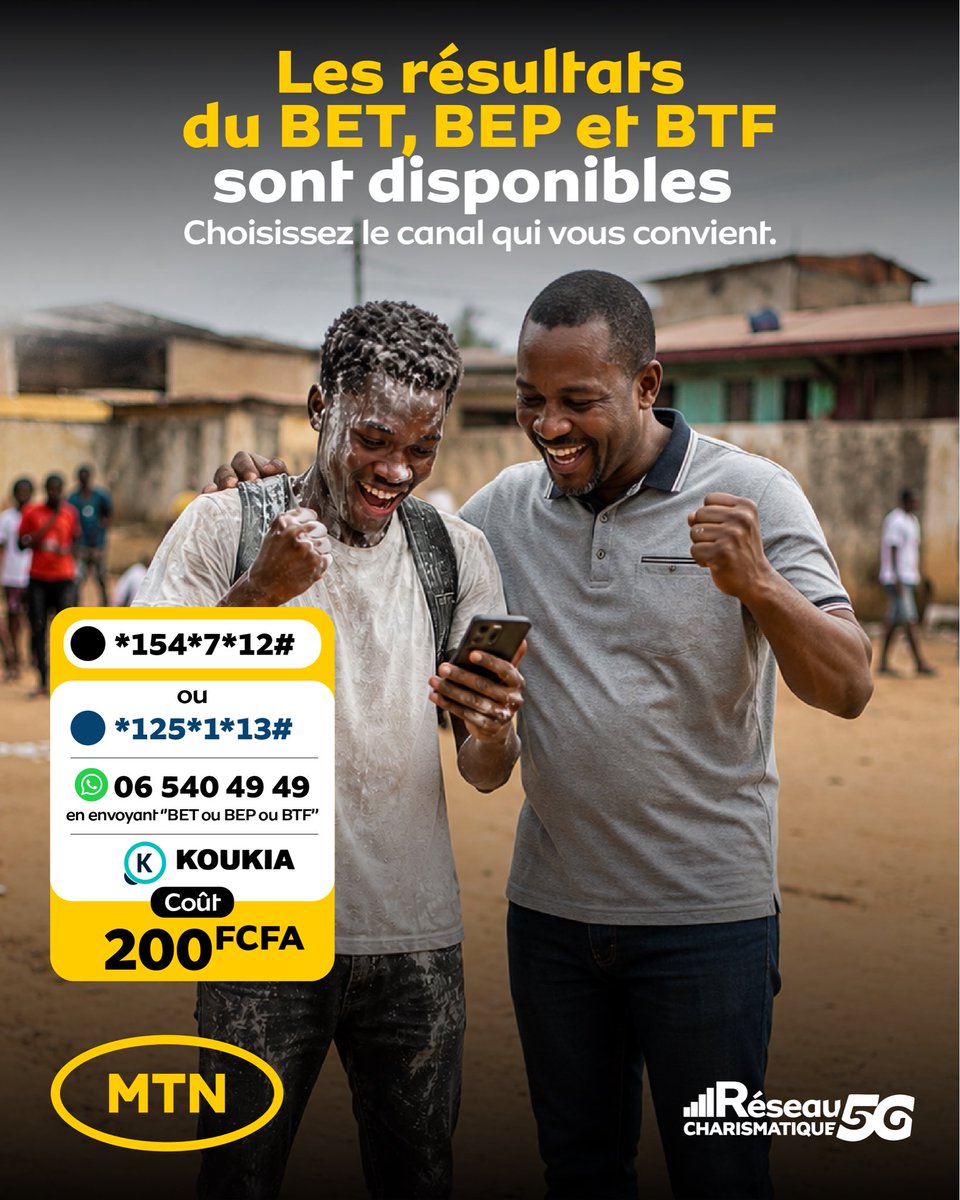 MTN_123's tweet photo. 🎓 Les résultats du BET, BEP et BTF sont disponibles ! 🎉

📲 Consultez-les via *125*1*13# ou *154*7*12#
🌐 Ou directement sur l’appli : https://t.co/1Kioyk9vjO

💰 Coût : 200 FCFA.

#alorsonfaitquoiaujourdhui #charismatique https://t.co/rqJfEaoaF9