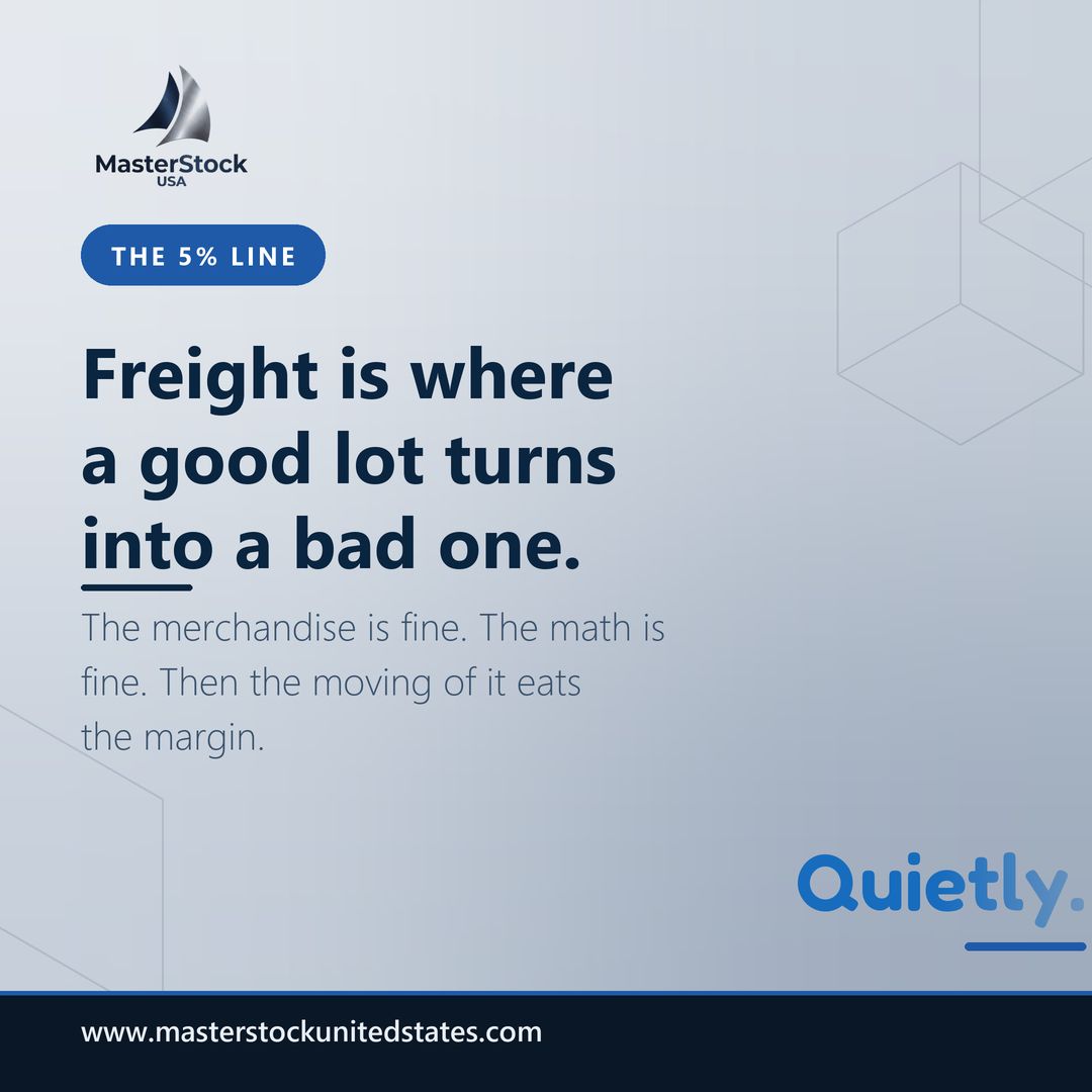 MasterStock_USA's tweet photo. Freight is where a good lot quietly turns into a bad one.

Our line: freight plus handling plus audit under 5 percent of retail value. Past 10 percent we do not run the deal.

The 3PL audits within 24 hours. Supplier and 3PL in the same corridor. Cargo insured the whole way. https://t.co/xsT0aUe9il