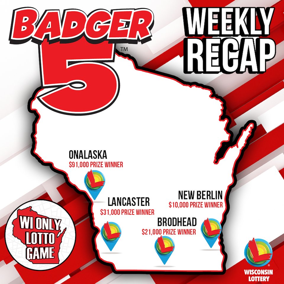 wilottery's tweet photo. #Badger5WeeklyRecap
Badger 5 had a gigantic week.
It started with the 08/07 drawing when a $91,000 Badger 5 jackpot was purchased at Kwik Trip on 229 Oak Forest Dr. in #Onalaska
24 hours later, a winning $10,000 Badger 5 jackpot ticket was sold at a Speedway on 15555 W. Beloit Rd. in #NewBerlin
The wins kept coming when a winning $21,000 Badger 5 jackpot ticket was sold at County Line Beverage on 4141 County T in #Brodhead for the 08/10 drawing.
Three days later, Badger 5 struck again with a winning $31,000 jackpot ticket purchased at a Kwik Trip on 939 N. Madison St. in #Lancaster for the 08/13 drawing.
Congrats to all of this week's Badger 5 winners. #WelcomeToWINsconsin
Learn more about Badger 5 at https://t.co/syfa2G4fL5.