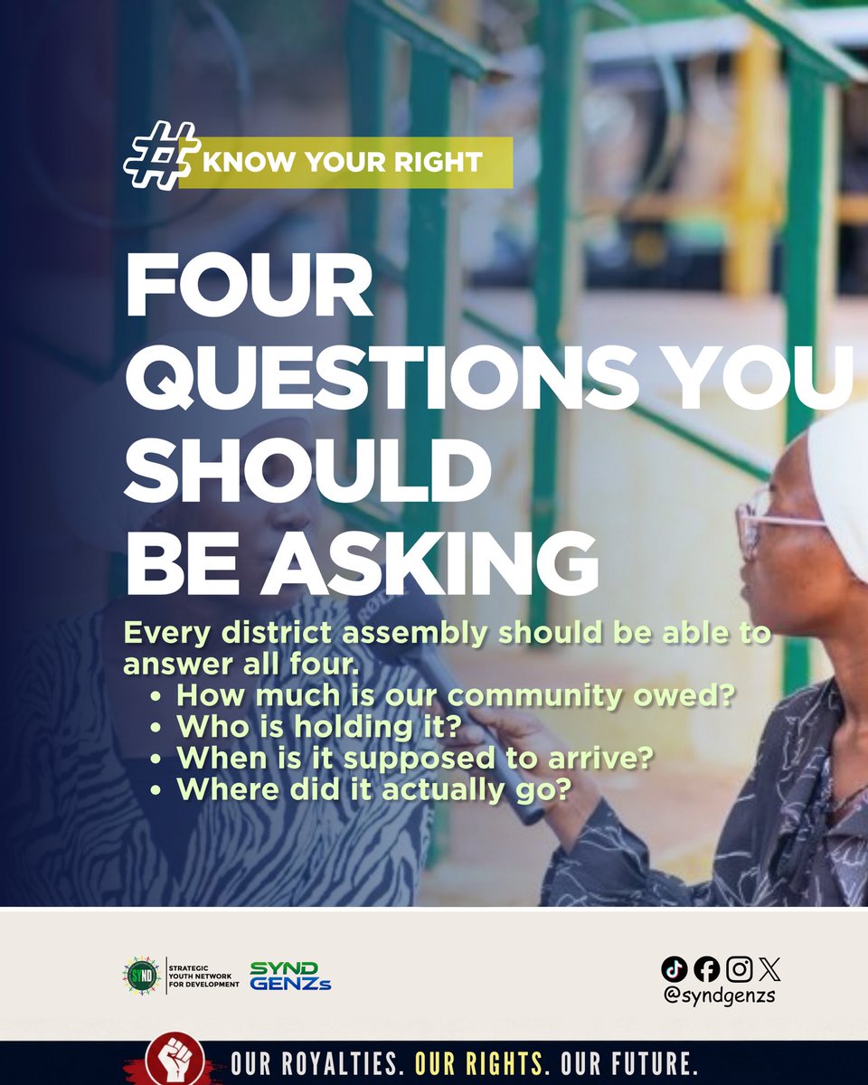 SYNDGENZs's tweet photo. Four questions every district assembly should be able to answer: how much is owed, who's holding it, when should it arrive, and where did it go. #KnowYourRight #AskTheQuestions #Ghana https://t.co/0i9v79O4dX