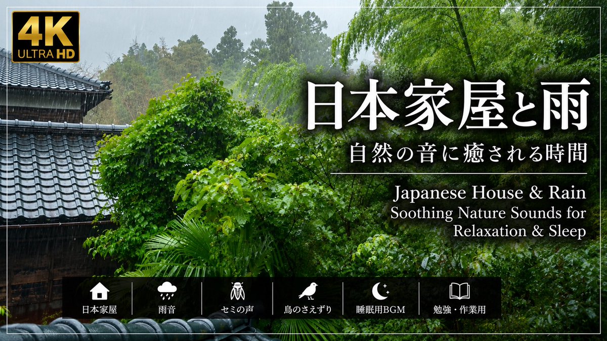 QuietJapanan's tweet photo. 雨の日の日本。

古い日本家屋に降り続く雨と、
木々のざわめき、セミや鳥の声。

何も考えず、静かな時間を。

☔ Japanese House &amp; Rain
🌿 Nature Sounds for Sleep &amp; Relaxation

▶️ YouTube
https://t.co/kErTJcVlQG

#雨音 #日本の風景 #自然音 #睡眠 https://t.co/tUYVt41Y8S