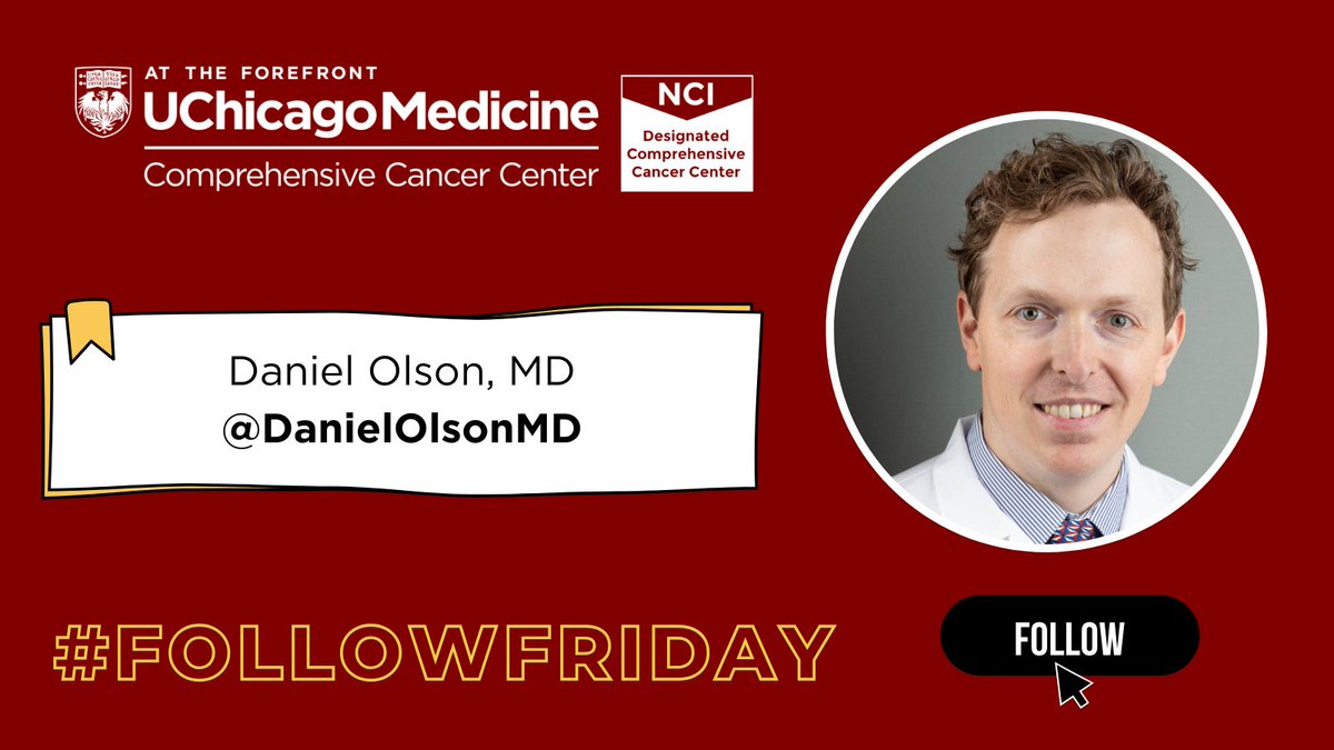 UCCancerCenter's tweet photo. Meet @DanielOlsonMD, an oncologist who treats skin cancers and sarcomas. He delivers the latest cell-based immunotherapies such as TIL therapy.  Follow him for his study of new immunotherapy treatments for solid tumors. https://t.co/HPux0gVDHt #FollowFriday @UChicagoMed https://t.co/cHKHQ1Hy5M