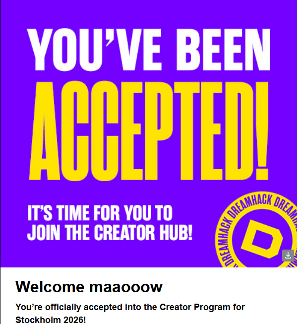 maaooow's tweet photo. I’M LITERALLY CRYING 😭😭😭

I’VE OFFICIALLY BEEN ACCEPTED INTO THE DREAMHACK STOCKHOLM 2026 CREATOR PROGRAM 💜

Years of streaming, creating content &amp; dreaming about opportunities like this and now I actually get to say it…

MAAOOOW IS GOING TO DREAMHACK AS A CREATOR 😭💜 https://t.co/yUICMEuE3m