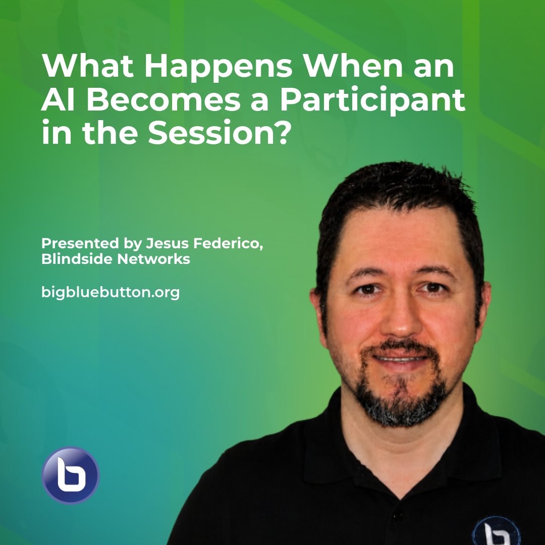 bigbluebutton's tweet photo. What happens when an AI becomes a participant in the session — not a tool in the background, but a presence in the room?

Jesus Federico of Blindside Networks explores that question in "What Happens When an AI Becomes a Participant in the Session?" It's an honest look at what AI changes in a live virtual classroom, and what it doesn't.

Watch the full session 🔗 https://t.co/U49zUPyZDn

#BigBlueButton #BBBWorld2026 #EdTech #OpenSource #VirtualLearning