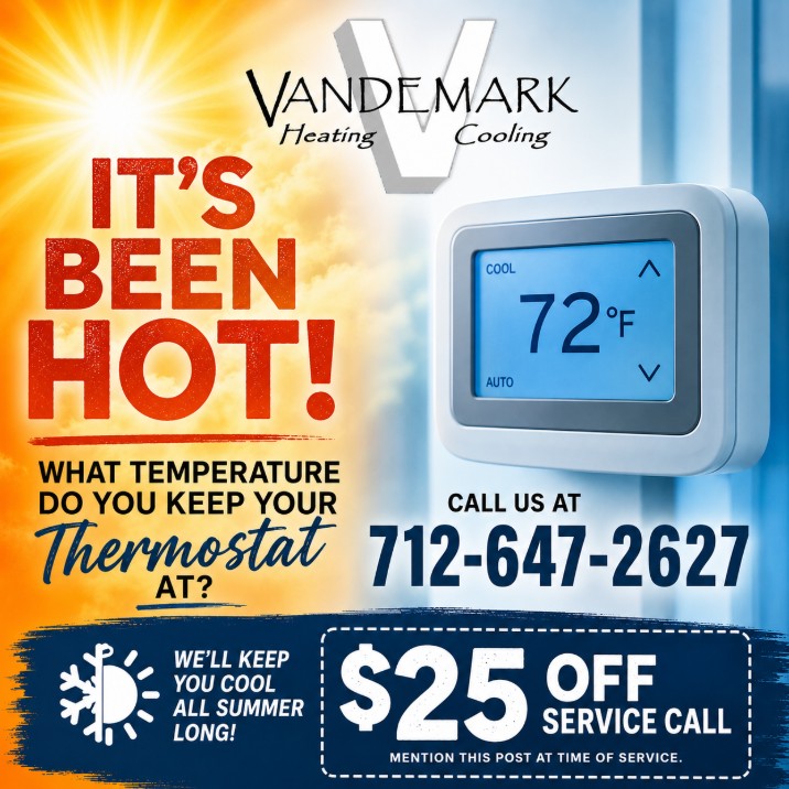 VandemarkHVAC's tweet photo. How cool do you keep your home, Iowa? For comfort and savings, aim for 74°–76°. Trouble staying cool? Call Vandemark Heating &amp; Cooling: 712-647-2627. Mention this post for $25 OFF a service call! #VandemarkHeatingAndCooling #IowaSummer #StayCool https://t.co/2C5z3QRmpE