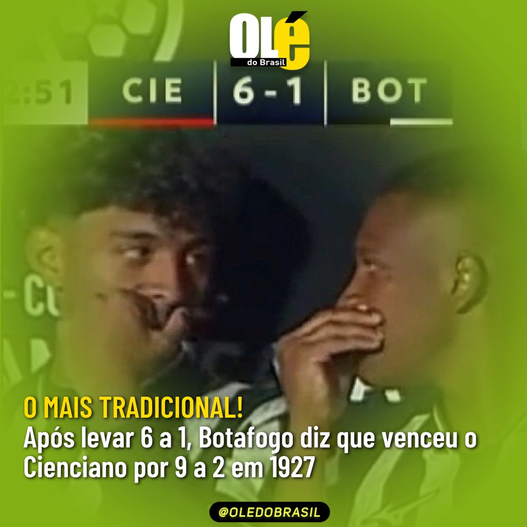 Oledobrasil's tweet photo. Depois de ser goleado pelo Cienciano por 6 a 1, em Cusco, o Botafogo encontrou uma maneira inusitada de tentar recuperar a autoestima: falar sobre outra vitória histórica. 

Segundo o clube, houve um triunfo dos atleticanos cariocas por 9 a 2 sobre os peruanos em 1927.

Contudo, não há registros do confronto, dos gols, dos jogadores ou sequer de alguém que tenha visto a partida.

“Existe outro clube brasileiro, que também causa riso fácil, contando uma história parecida. Mas sei lá se isso existe (risos)”, disse o historiador Forrest Gump.

Não por acaso o Botafogo é conhecido como Atlético-RJ.

Siga o @oledobrasil para mais notícias fictícias/humorísticas como essa.