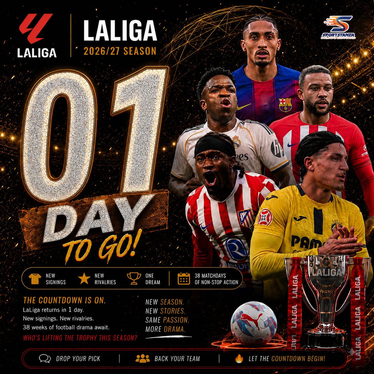 sportstanza's tweet photo. 2026/27 LA LIGA Season kicks off tomorrow ⚽✅ 🔥🔥

Get tips, predictions and lots more on https://t.co/SE2OxvN899 ✍️

Can holders Barcelona🔴🔵 go 3 in a row?  🤔 https://t.co/zxpoXZfiZw