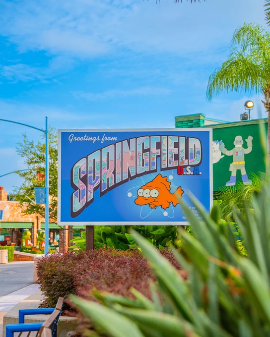 Signage stating 'Greetings from Springfield' in Springfield, USA at Universal Studios Florida.
