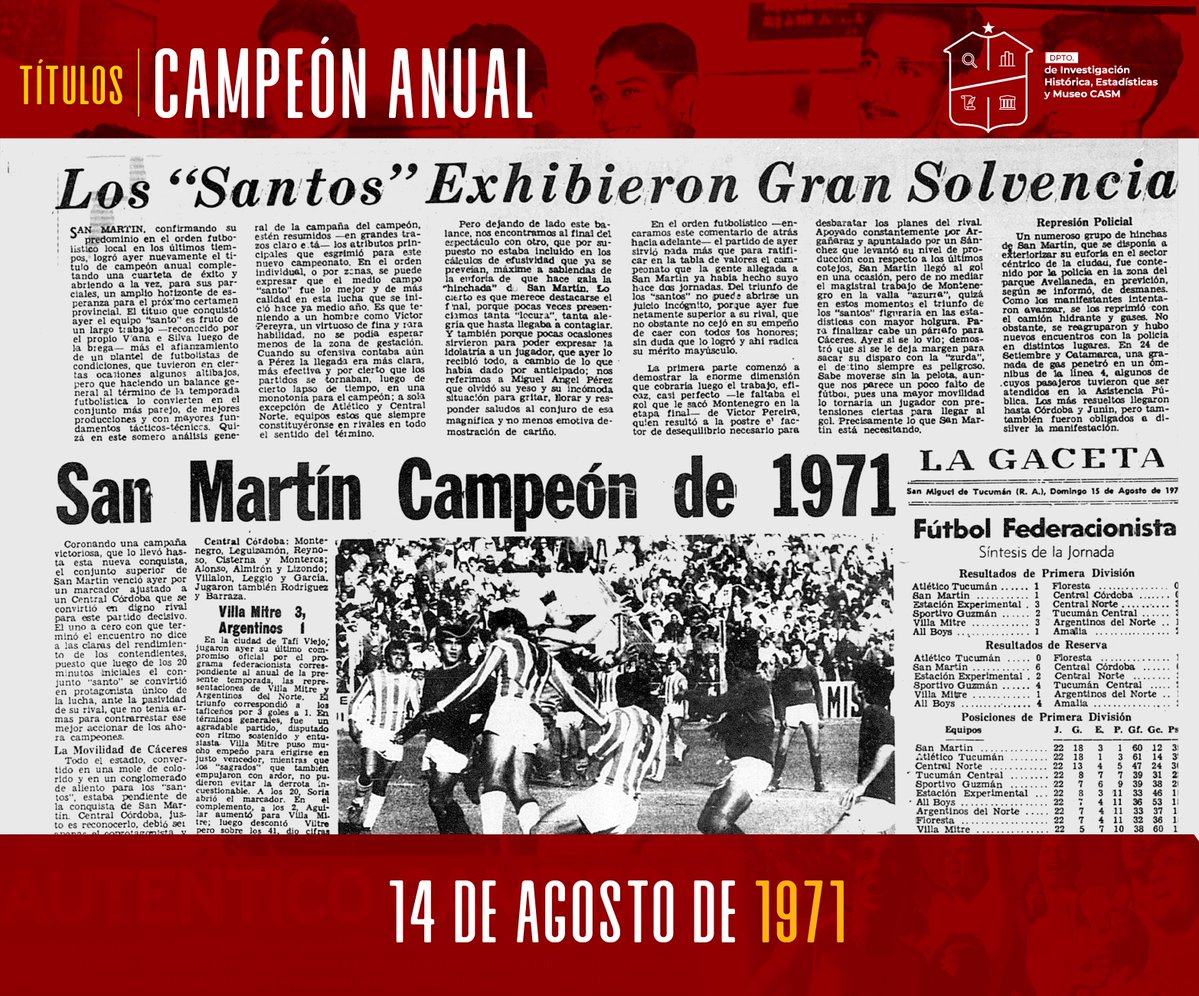 DIHEMCASM's tweet photo. #TÍTULOS 🏆

14 de Agosto de 1971
#SanMartínTuc 🇦🇹 CAMPEÓN ANUAL

📆Un día como hoy, en la última fecha, el Santo vencía 1-0 a Central Córdoba y se consagraba campeón. 

🏆 49º Título Oficial
🏆 17º Campeonato Anual https://t.co/WfyCiC5vJM