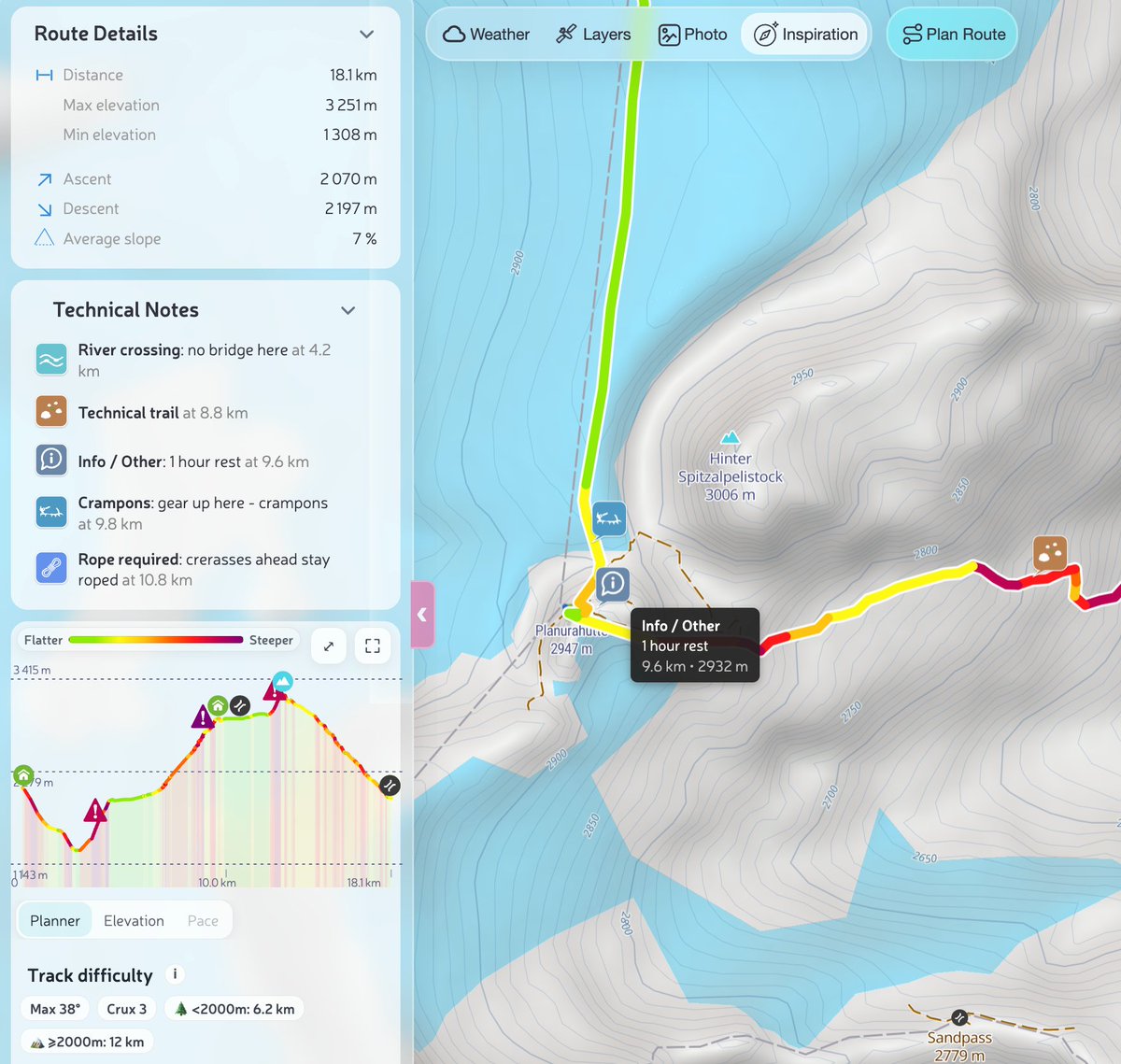 PeakVisor_app's tweet photo. A route line tells you where to go. It doesn’t tell your group where the last water source is, where to put on a helmet, or where the river crossing gets serious after rain.
Technical Notes pin those details directly to the track and carry them into the GPX when you share it. https://t.co/5arUgt2mfK