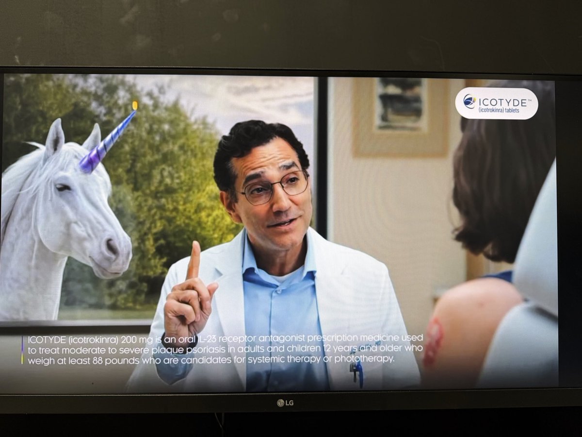 HockingRob's tweet photo. Have you seen this Icotyde commercial where this lady with the nasty rash isn’t listening to a word her doctor is saying because she’s focused on the unicorn outside the window balancing a pill on it’s horn!?  I thought I was havin a fuckin fever dream. https://t.co/r2y0XSvwWA