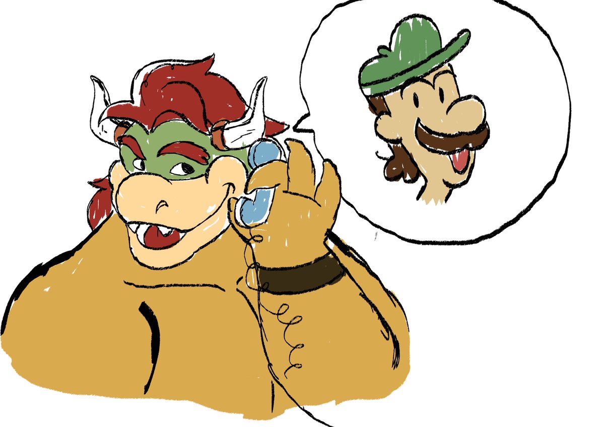 Meaty_mullet's tweet photo. Bowser on the phone with the boyfriend 
#bowser #bowluigi #luigi #LuigixBowser https://t.co/Cy7f1OQ4Ko
