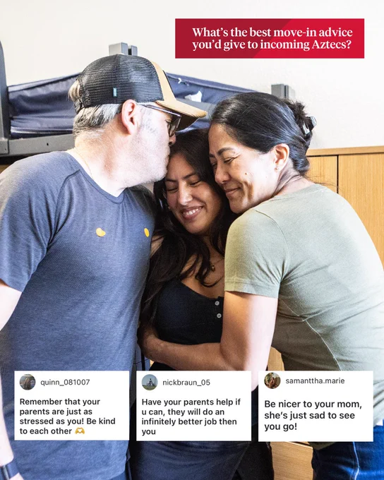 A group of three people embracing in a dorm room, smiling warmly. The background shows a wooden cabinet. The image includes three comments with advice for incoming Aztecs, emphasizing kindness and involving parents in the move-in process.