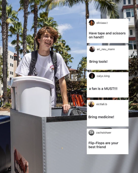 A person with a backpack is standing next to a cart filled with a large bucket, smiling. Several text messages in speech bubbles overlay the image, giving moving advice, such as "Have tape and scissors on hand!!", "Bring tools!", "A fan is a MUST!!!", "Bring medicine!", and "Flip-Flops are your best friend". The background shows palm trees and a multi-story building.