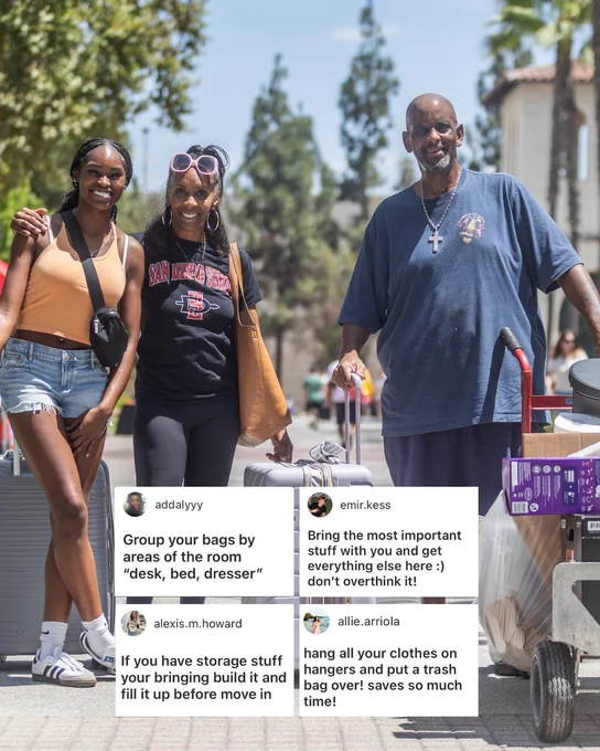 Two people stand smiling on a sidewalk, each holding tote bags and backpacks. A person beside them pushes a cart filled with various items, including a purple crate. Overlaying text boxes give advice on organizing belongings for college move-in. The scene takes place outdoors on a sunny day with palm trees in the background.