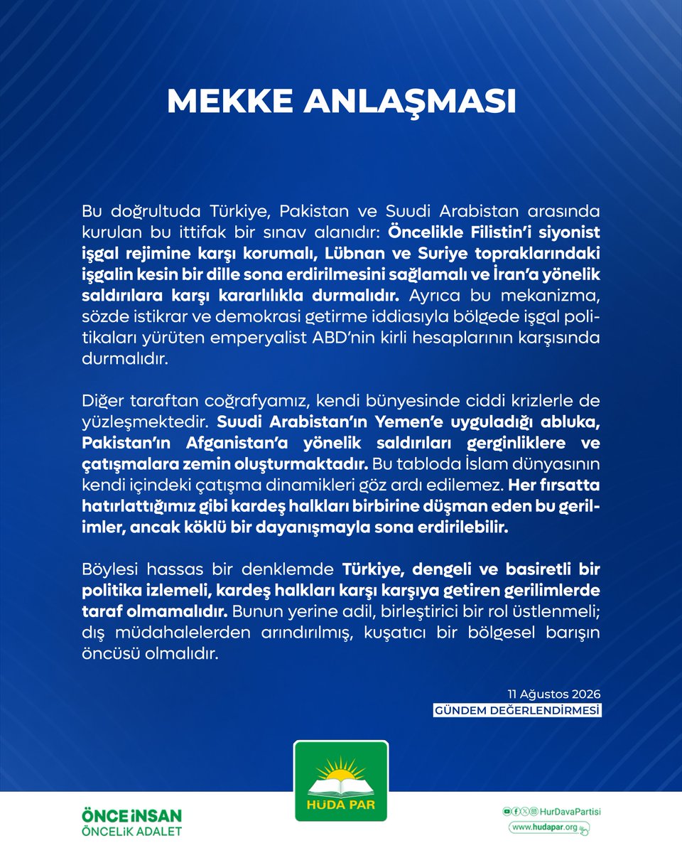 HurDavaPartisi's tweet photo. MEKKE ANLAŞMASI

Türkiye, Suudi Arabistan ve Pakistan arasında imzalanan Mekke Anlaşması, başta Filistin olmak üzere diğer İslam ülkelerini de ittifaka dahil ederek soykırımcı siyonist israil’e karşı konumlanması durumunda, bölgesel güvenlik açısından önemli ve stratejik bir girişim olacaktır.