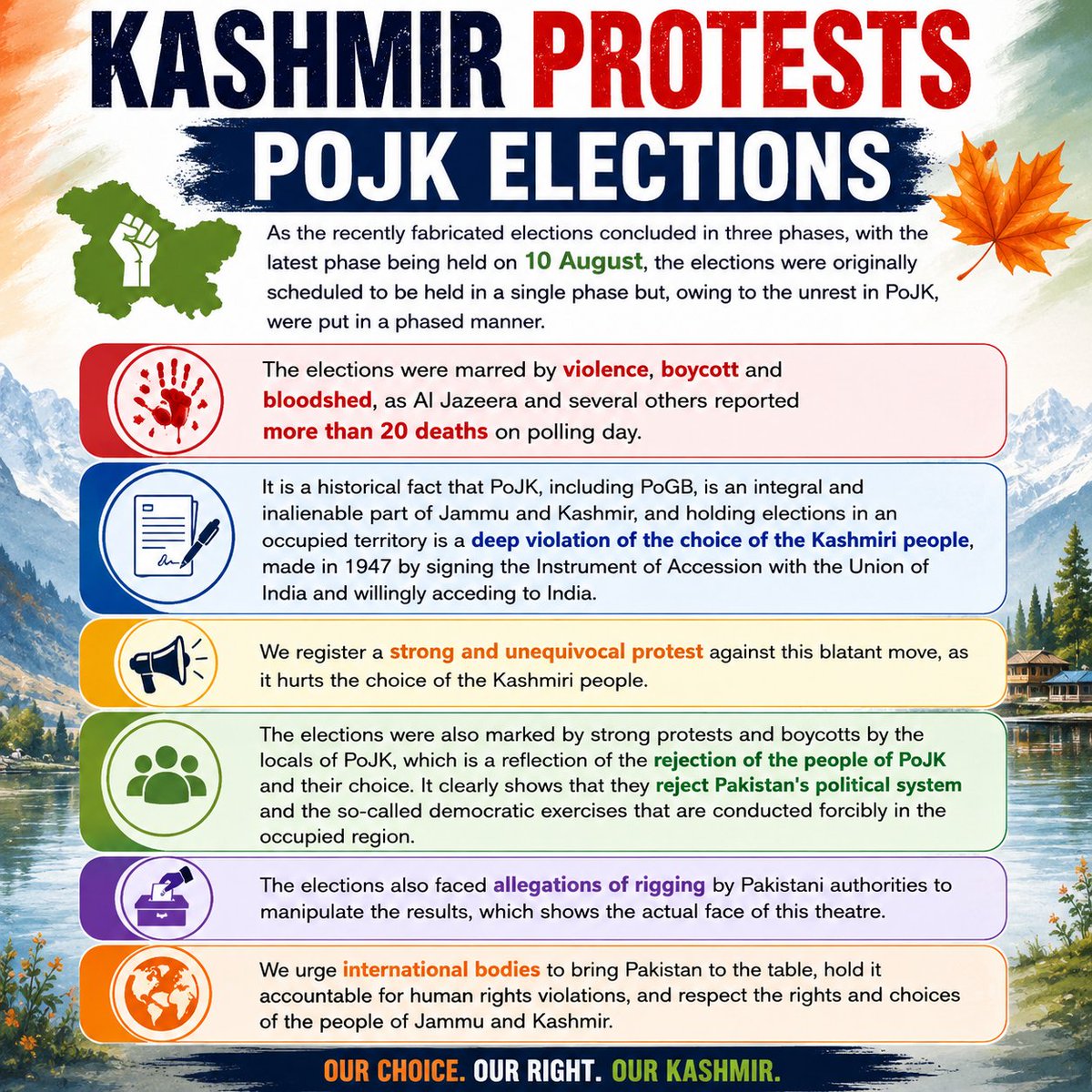 Kmrcentre's tweet photo. We reject Pakistan’s holding of elections in PoJK. The move aims to legitimize and cover Pakistan’s occupation. Elections surrounded by boycotts, violence and deaths are a referendum in itself. https://t.co/nwpsNACLod