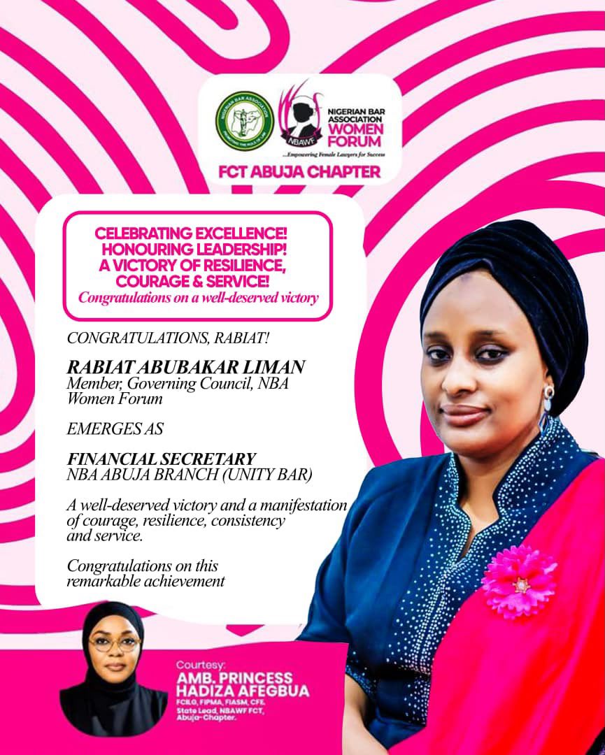 NBAWFFCTChapter's tweet photo. A WELL-DESERVED VICTORY!🎊 💕

Congratulations, Rabiat Abubakar Liman,
Member, Governing Council, NBA Women Forum (MGC, NBAWF)

The NBA Women Forum, FCT celebrates the emergence of Rabiat Abubakar Liman as Financial Secretary, NBA Abuja Branch (Unity Bar).

Amb. Hadiza  Afegbua. https://t.co/kluLcv94oM