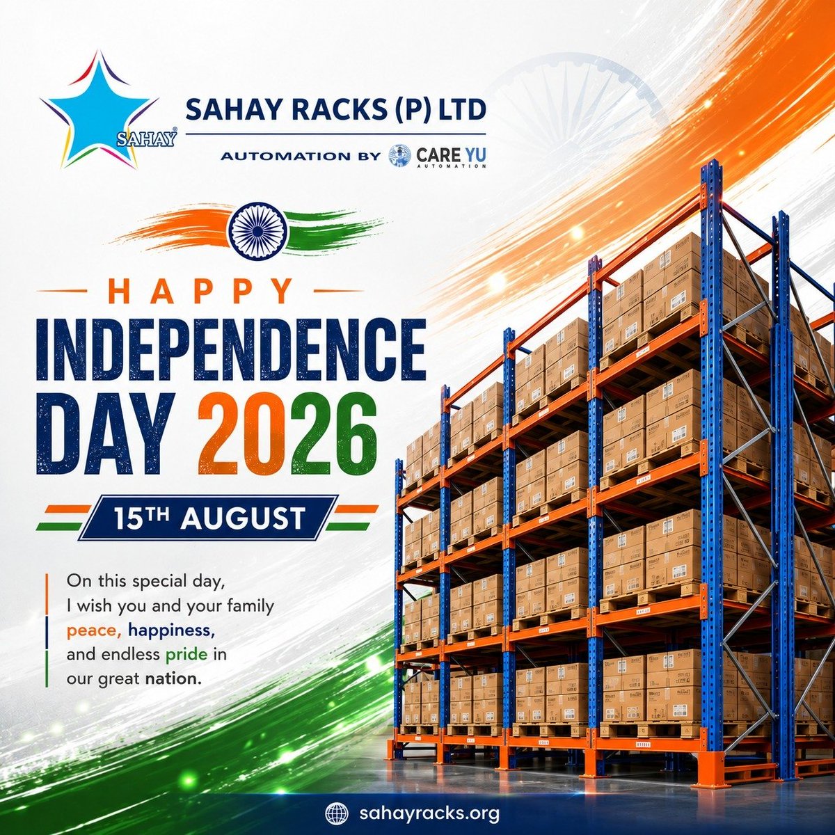 RacksSahay's tweet photo. Happy Independence Day! 

Celebrating the spirit of freedom, strength, and progress that inspires our nation every day. ✨

At Sahay Racks, we proudly contribute to India's growth by building smarter storage solutions that support industries, businesses, and a stronger future. https://t.co/Q990lbWYSw