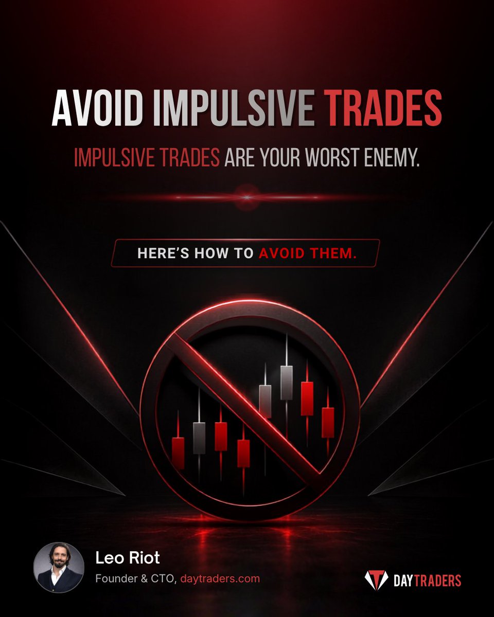 leoriot's tweet photo. Impulsive trades are your worst enemy.

They happen when emotions take over, and they can destroy your progress.

Here’s how to avoid them:

➡️Set clear rules: Define your entry and exit criteria before trading.
➡️Take breaks: Step away from the screen if you feel emotional.
➡️Journal your trades: Reflect on what triggered impulsive decisions.

Discipline is about controlling your actions, not the market.

#ImpulsiveTrading #DisciplineInTrading #DayTraders  #FuturesTrading #DayTradingTips #TraderMindset #leoriot