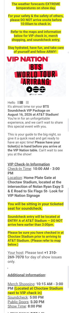 875tickets's tweet photo. #BTS_WORLDTOUR_ARIRANG — ARLINGTON ITINERARY 

VIP CHECK-IN: 10AM - 3PM
CHECK-IN MAP: https://t.co/XpJB2sifMA
EARLY MERCH SHOPPING: 10.15AM - 3PM
SOUNDCHECK: 5PM
PUBLIC DOORS: 5.30PM
SHOW TIME: 8PM
VENUE GUIDE: https://t.co/KiLyJAe8Ew
VIP WAIVER: https://t.co/eV5LjFxgug https://t.co/ToB764w18u