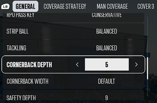 aceoffmeta's tweet photo. USE YOUR CORNERBACK DEPTH SETTING!

This is an incredibly useful coach adjustment that allows you to:
🔹Avoid coverage tells
🔹Get consistent CB depth

Here's your options:
🔹Default / Press / 3 / 5 / 7 / 9 / 12 / 20

I recommend 5 because it mimics Cover 2. Close enough to prevent quick throws, far enough back to not get outran.

Press can be a good option if you like to play a lot of man coverage!