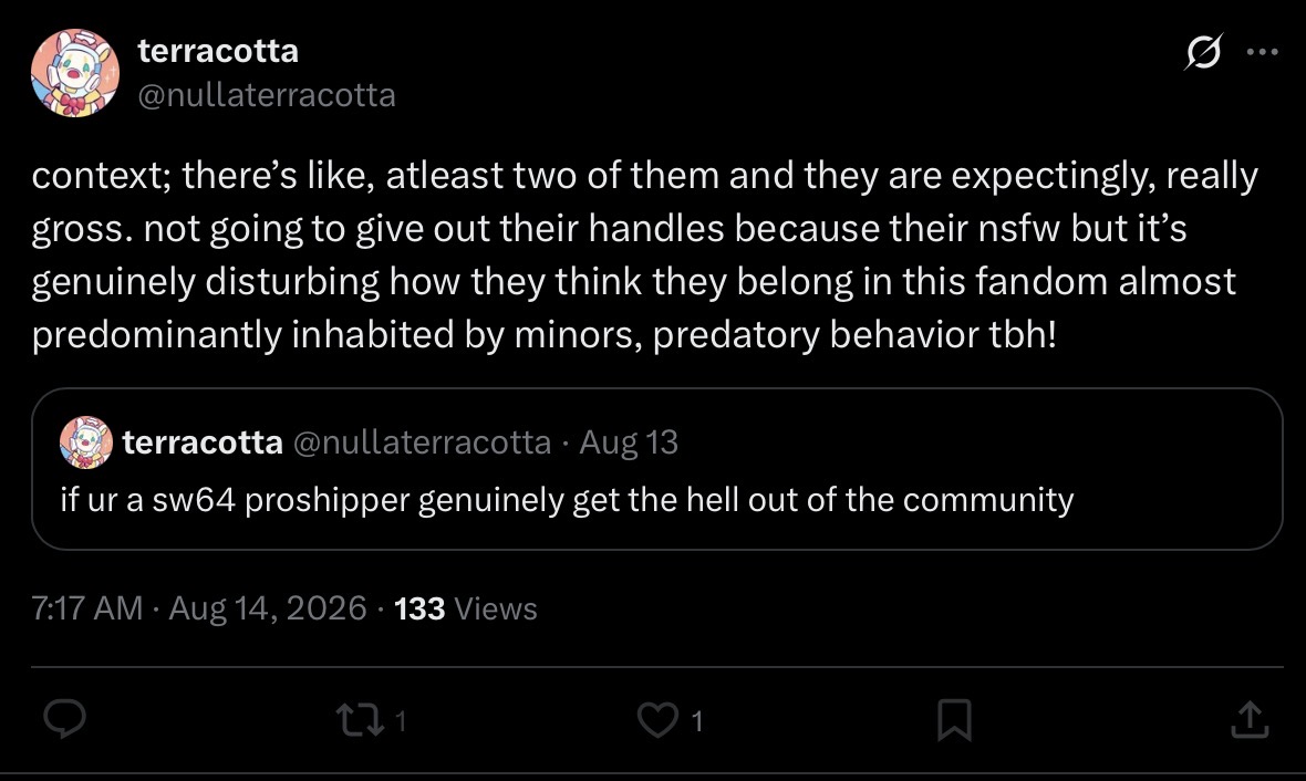 RipperRoze's tweet photo. apparently I’m a predator for being in a fandom of a game not targeted at children

you could say the same thing for V*x who posts softcore porn on main, sometimes on the main fandom hashtag because minors definitely see that shit more than they see my stuff https://t.co/K0JHahmUGT
