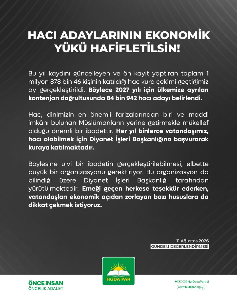 HurDavaPartisi's tweet photo. HACI ADAYLARININ EKONOMİK YÜKÜ HAFİFLETİLSİN!

Hac ücretlerinin döviz cinsinden belirlenmesine rağmen, döviz bazında her yıl yapılan olağan dışı artışlar göze çarpmaktadır. Geçen yıl üçlü oda fiyatı 7.066 dolar iken bu yıl 8.800 dolara, ikili oda fiyatı ise 7.930 dolardan 9.200 dolara yükseltilmiştir.

Maliyetlerin asgari düzeyde tutularak hac farizasının edası sağlanabilmelidir. Bu doğrultuda, başta uçak bilet ücretleri olmak üzere vatandaşın yükünü azaltacak daha hassas ve adil bir yaklaşım sergilenmelidir.