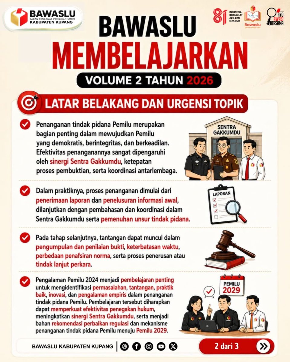 bawaslu_Kupang's tweet photo. 📚 Bawaslu Membelajarkan Volume 2 hadir dengan tema Penanganan Tindak Pidana Pemilu.
Kupas peran Sentra Gakkumdu dan tantangan penegakan hukum menuju Pemilu 2029 berintegritas.
Nantikan episodenya!
#Bawaslu #BawasluKupang #BawasluNTT https://t.co/iePRh0AW4U