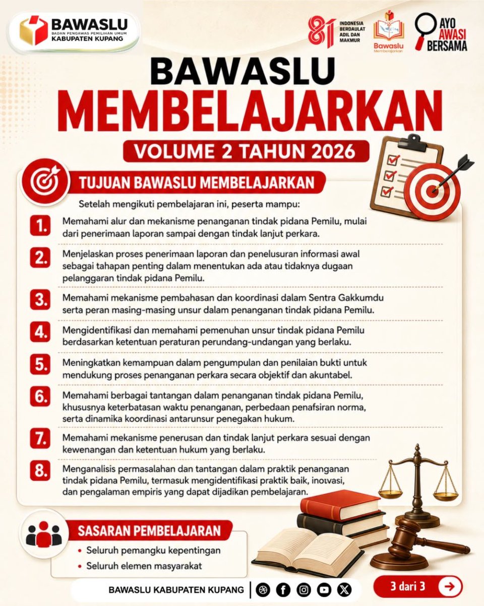 bawaslu_Kupang's tweet photo. 📚 Bawaslu Membelajarkan Volume 2 hadir dengan tema Penanganan Tindak Pidana Pemilu.
Kupas peran Sentra Gakkumdu dan tantangan penegakan hukum menuju Pemilu 2029 berintegritas.
Nantikan episodenya!
#Bawaslu #BawasluKupang #BawasluNTT https://t.co/iePRh0AW4U